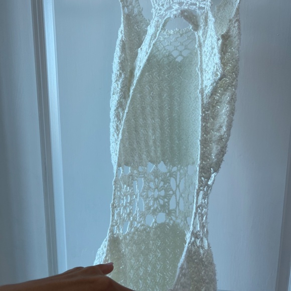 White Crochet Knit Midi Dress – Boho Beach Cover-Up with Open Back - Picture 8 of 9